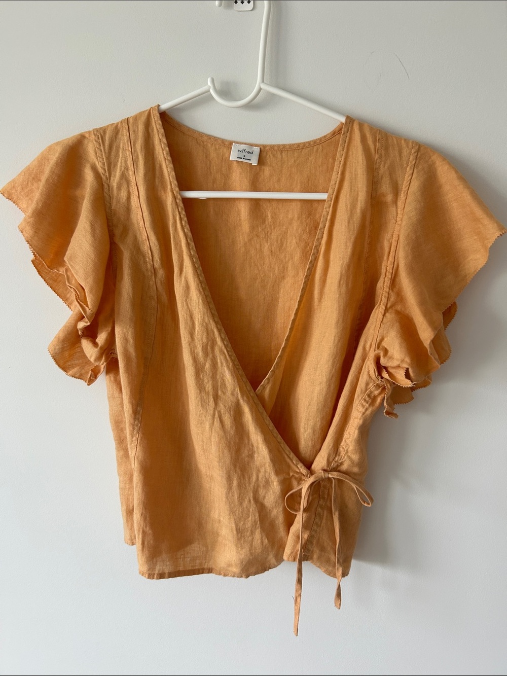 Wilfred Aritzia Rosebery Linen Wrap Blouse Cropped Crop Top